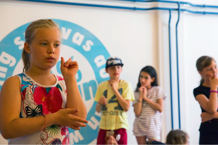 Young Jewish campers gathered in an assembly at Camp Szarvas in Szarvas, Hungary.