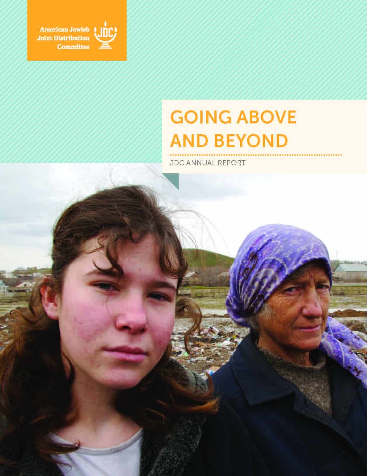 JDC's Annual Report 2012 showing a young woman and old woman with a purple headscarf in Shymkent, Uzebkistan.