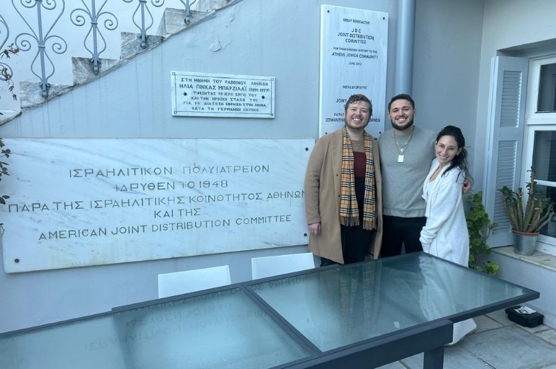 Brockman, left, visits the Athens Jewish community with fellow HUC students.